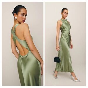 NWT Reformation Casette Silk Midi Dress in Green Artichoke Cowl Wedding Guest